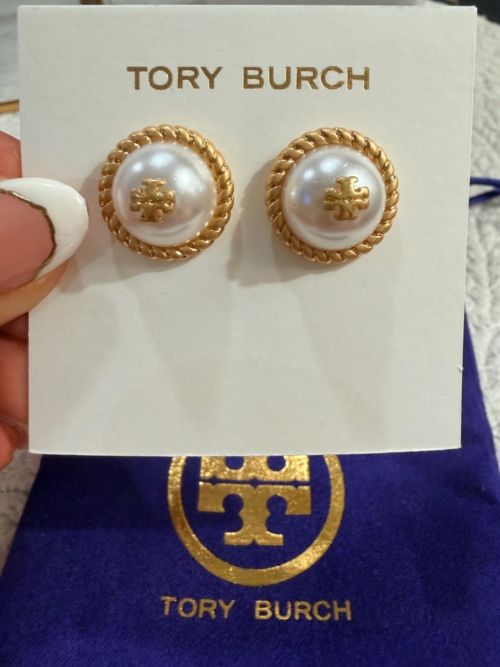 Tory Burch Gold and White Pearl Logo Button Earrings  | New & TB Dustie